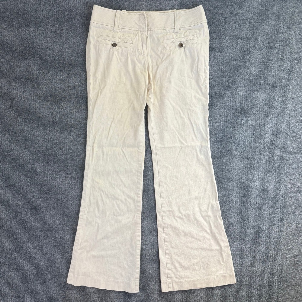 Y2K Bebe Womens Metallic Pinstripe Flare Pants Button Pocket Beige Low Rise Sz 2